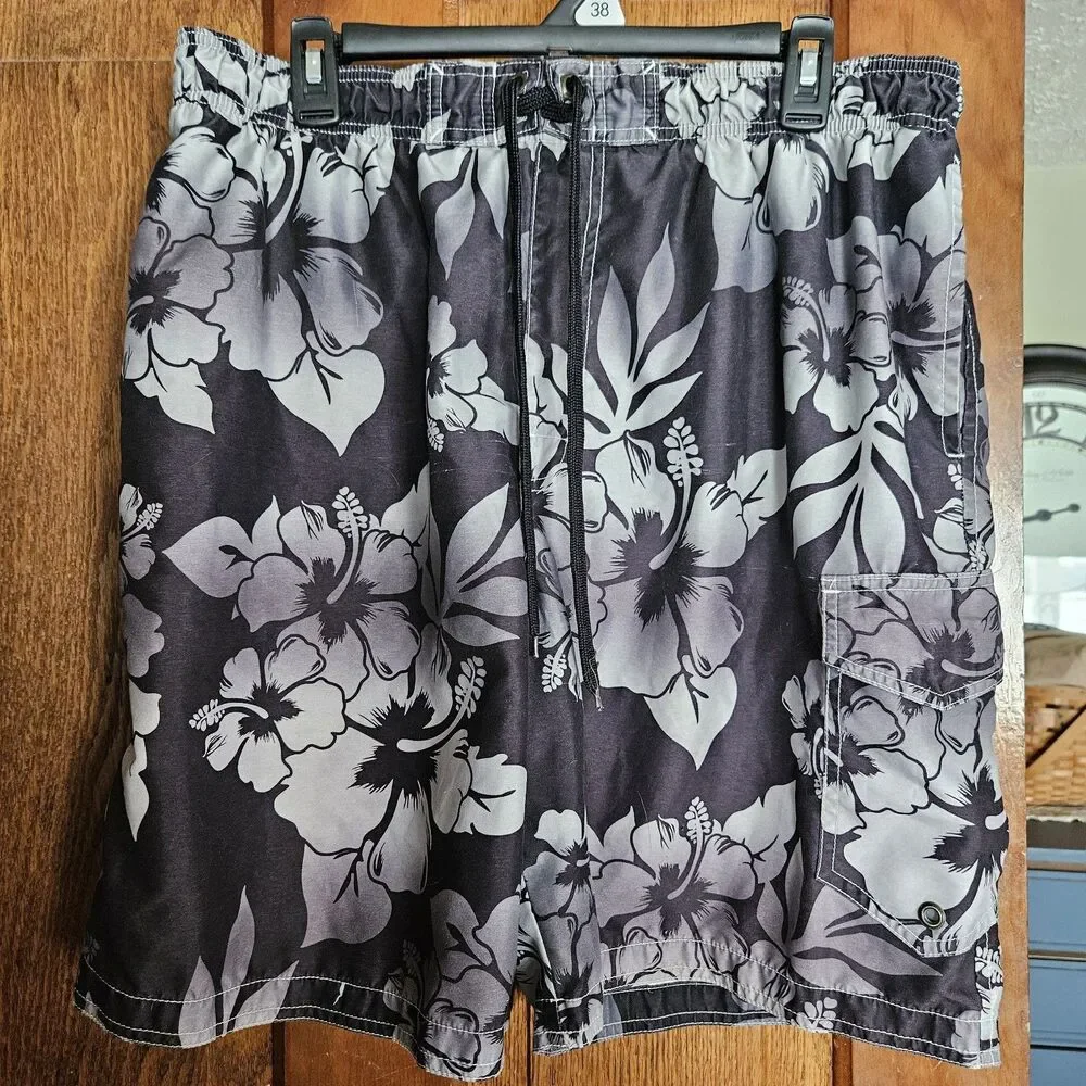 Sonoma Mens‎ XL Swim Trunks Black with Gray Tropical Pocket & Drawstring Good